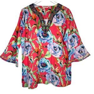 Soft Surroundings Linen Blend Tunic Top XL Bell Sleeves Embroidered Boho Chic